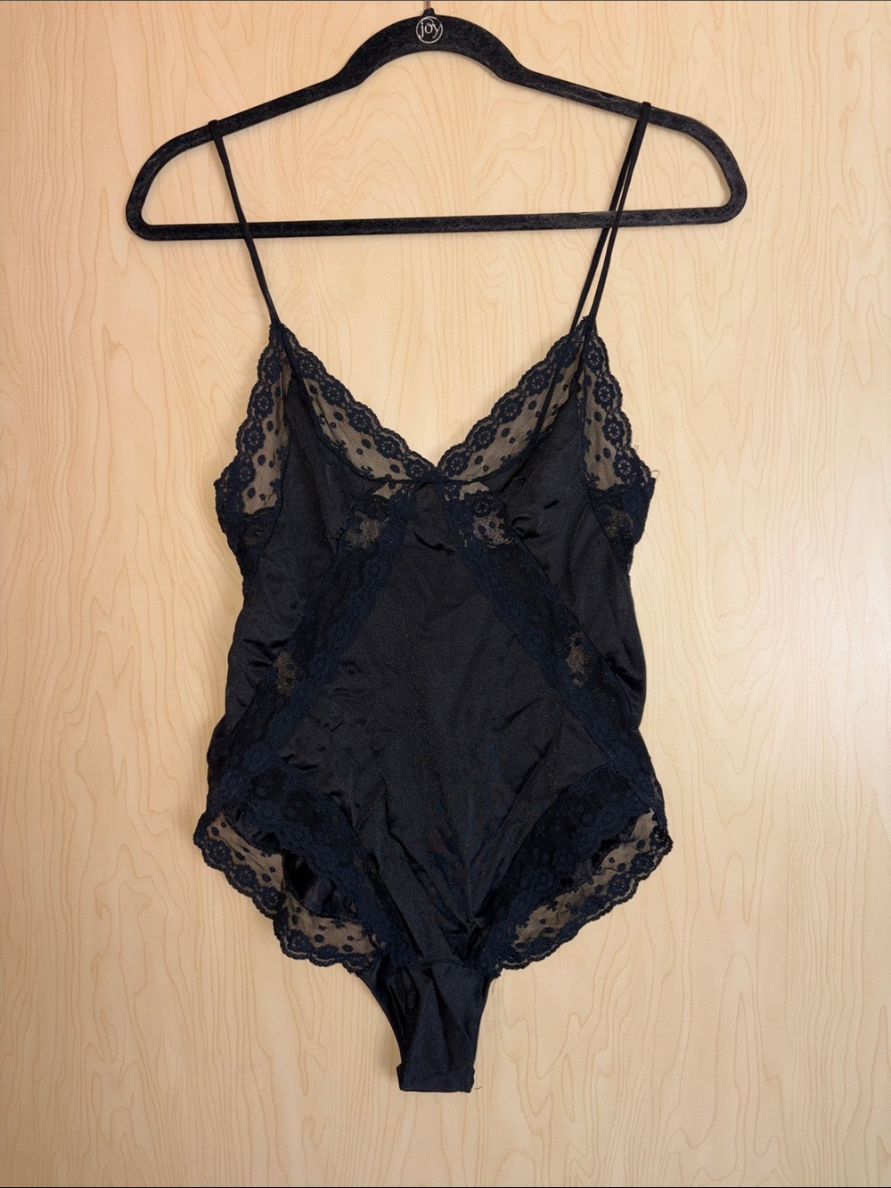 Black Vintage  Lace-Trim Satin Bodysuit with Delicate Straps